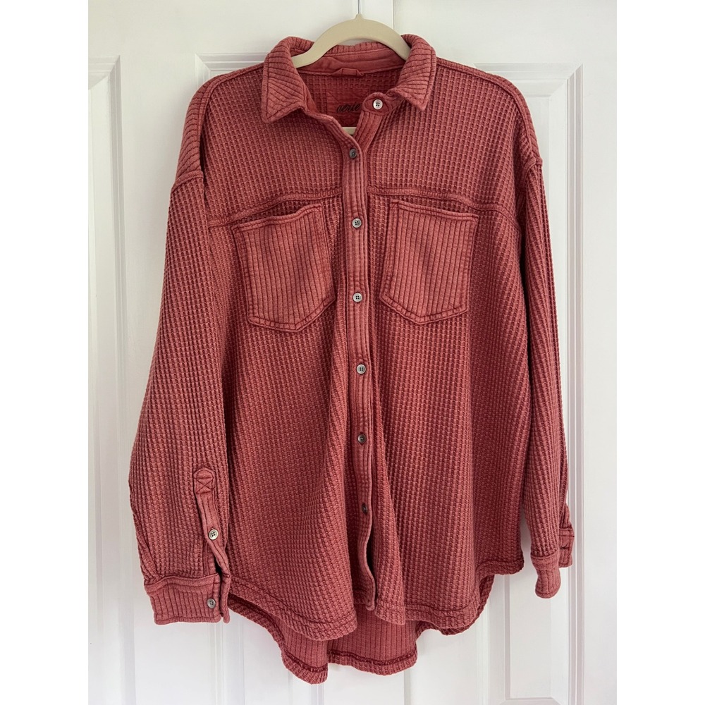 Aerie Brick Red Lumberjane Waffle Knit Button Down Comfy Oversized Shirt Size M